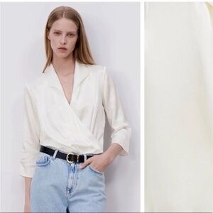 Zara White Satin Wrap-Front Collared Bodysuit